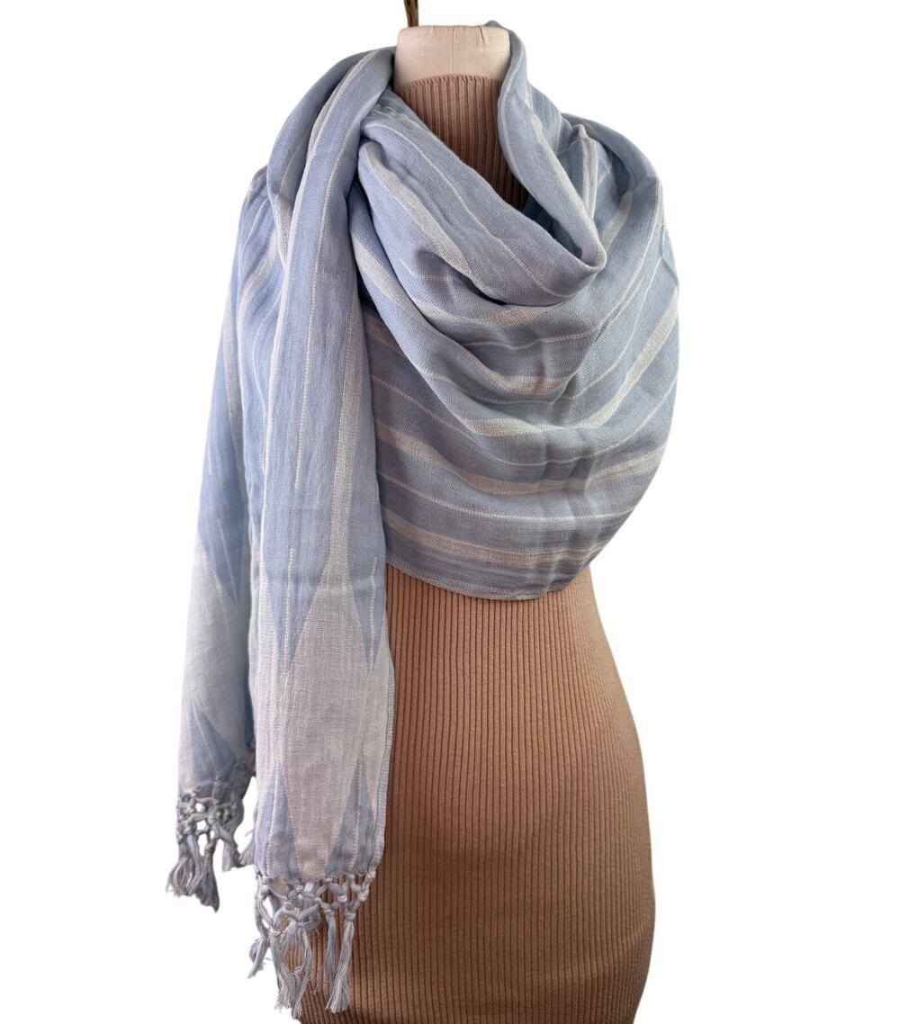 Seed Heritage Blue White Rectangle Scarf/Shawl Cotton Striped Tassel Around Neck
